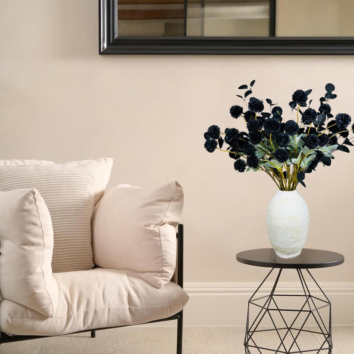 RyddeligHome Black Artificial Flowers for Centerpieces Bulk 10 Long Stems /50 Small Faux Silk Mum Balls + Black Eucalyptus Stems 2 Branches, Fall Boho Halloween Home Decor Indoor, Gothic Flowers