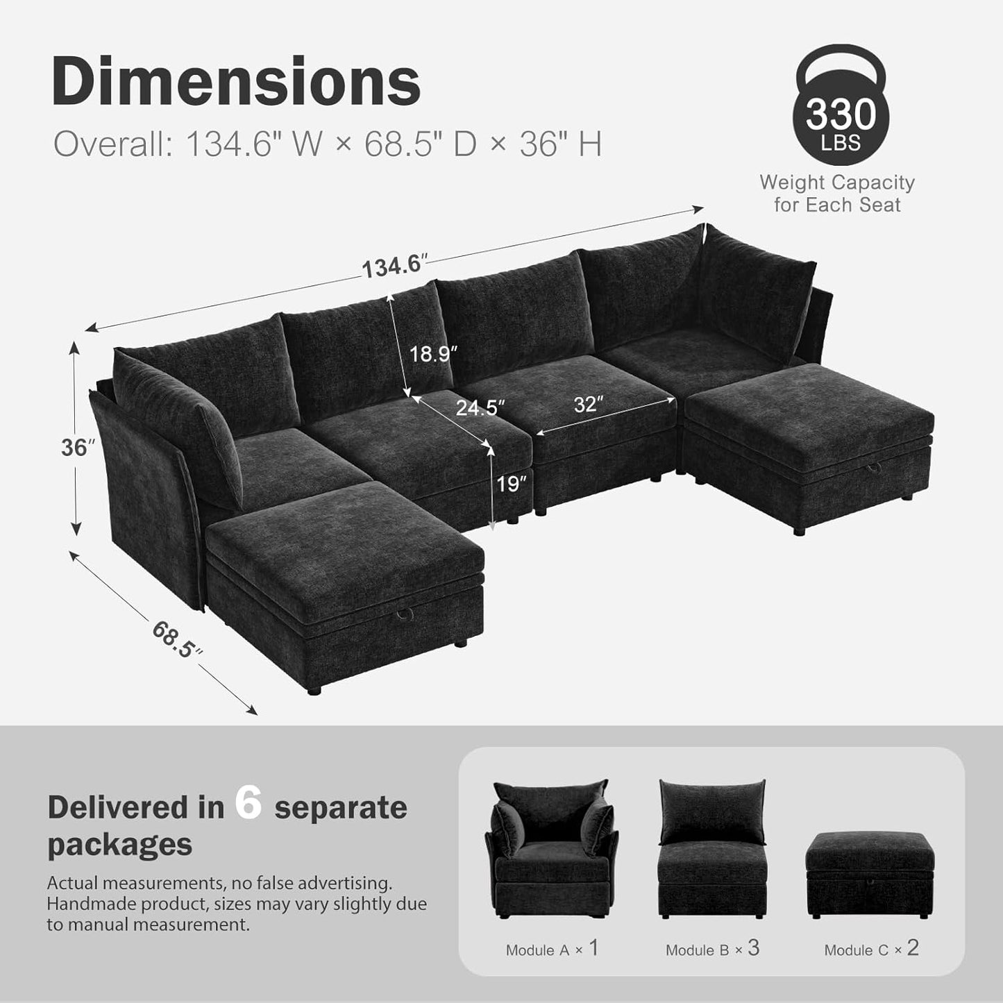 134.6" Oversized Modular Sectional Sofa, 6 Seater U Shaped Couch with Storage Ottoman with Reversible Chaise Deep Seat for Living Room, Apartment - Chenille Black