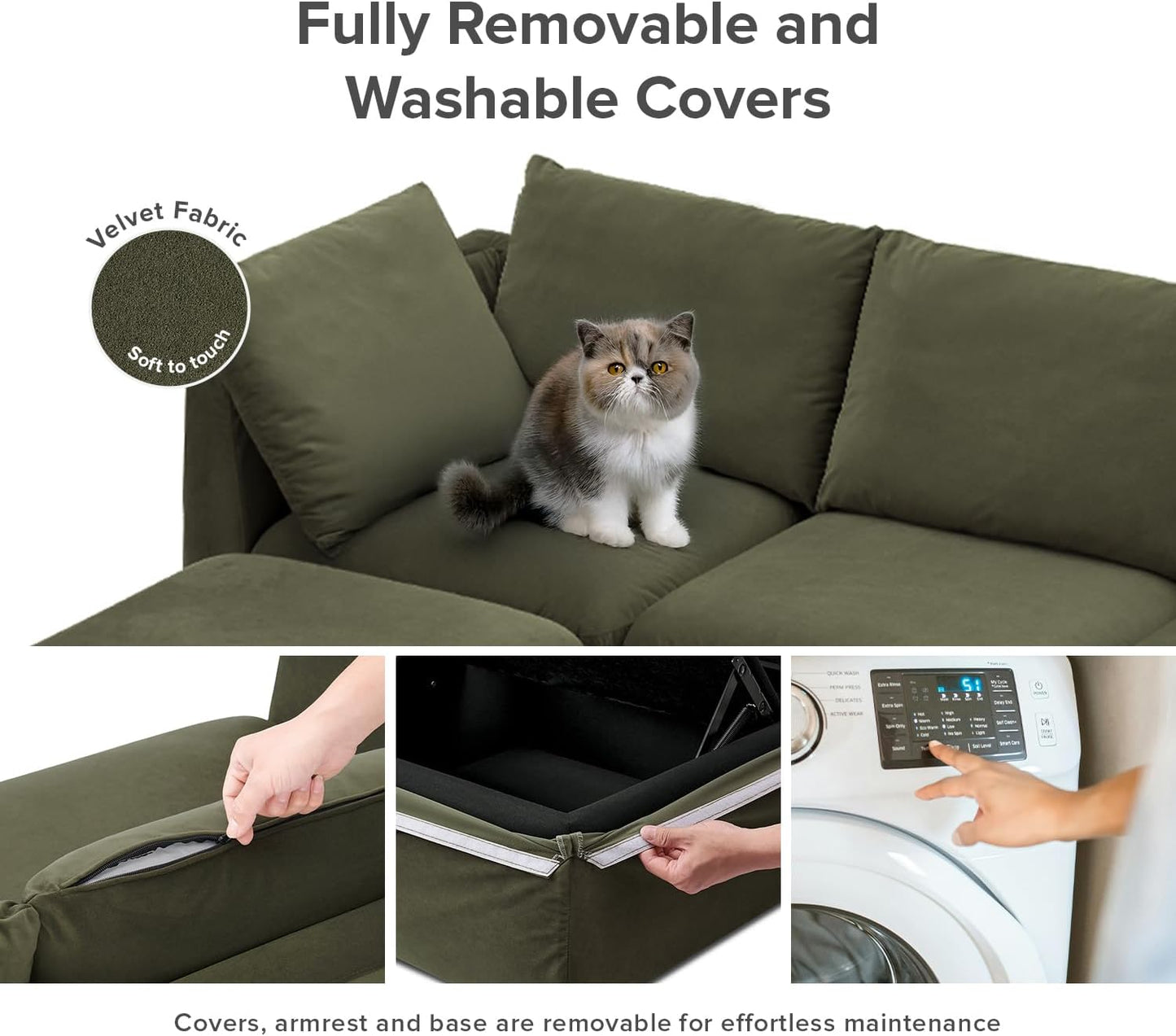 mopio Oversized Modular Sectional Sofa with Fully Removable Covers and Storage, Convertible U, L-Shaped and Sleeper Sectional, Modern Couches with Ottoman Chaise (Olive Green Velvet, 8 Seats, U)