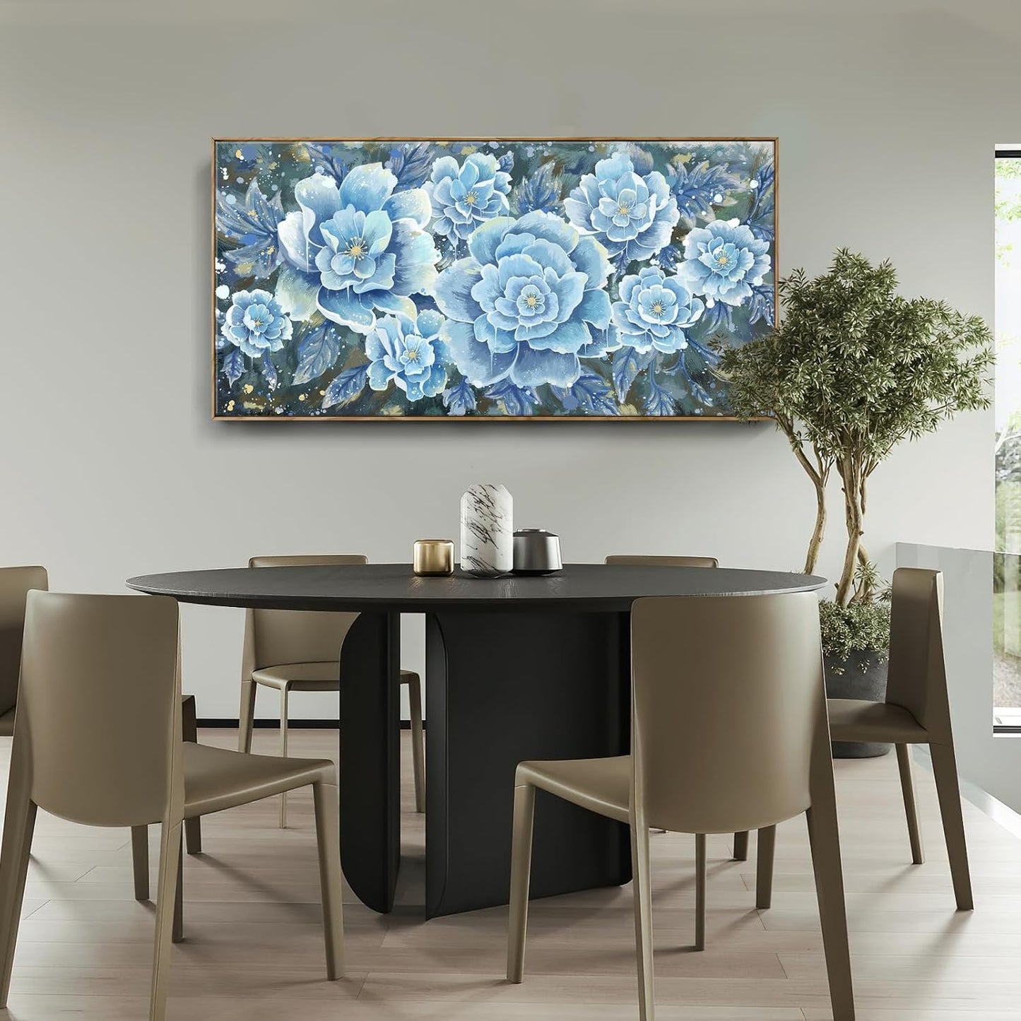 Extra Large Wall Art for Living Room, Framed Big Floral Blue Flower Canvas Print, Modern Oversized Blossom Peony Wall Picture Botanical Artwork for Dining Room Bedroom & Office Décor