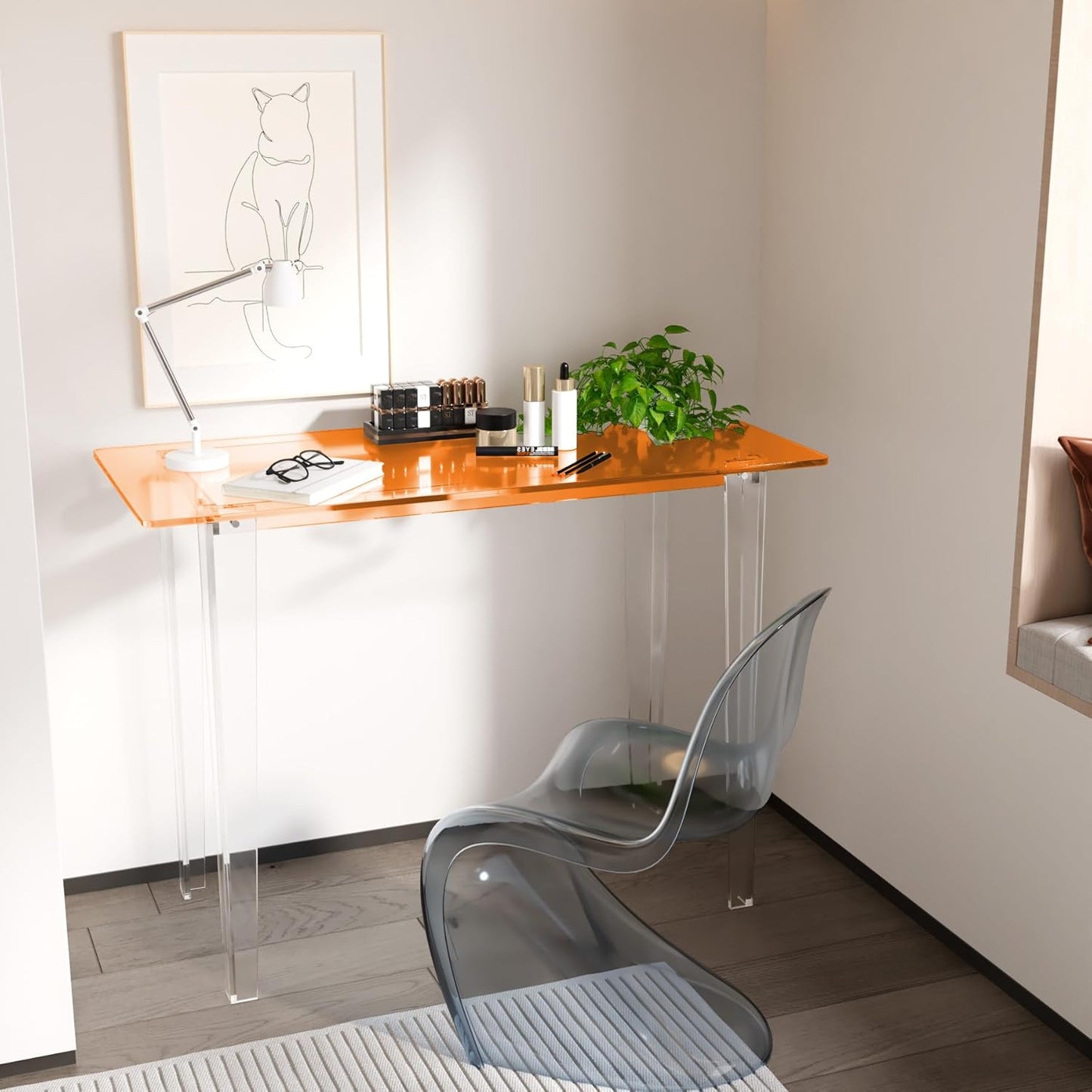 Acrylic Desk, Modern Study Table for Home Office - Extended Surface Multi-Purpose Console & Entryway Table, Sturdy Lightweight Design (42.5-inch, Orange)