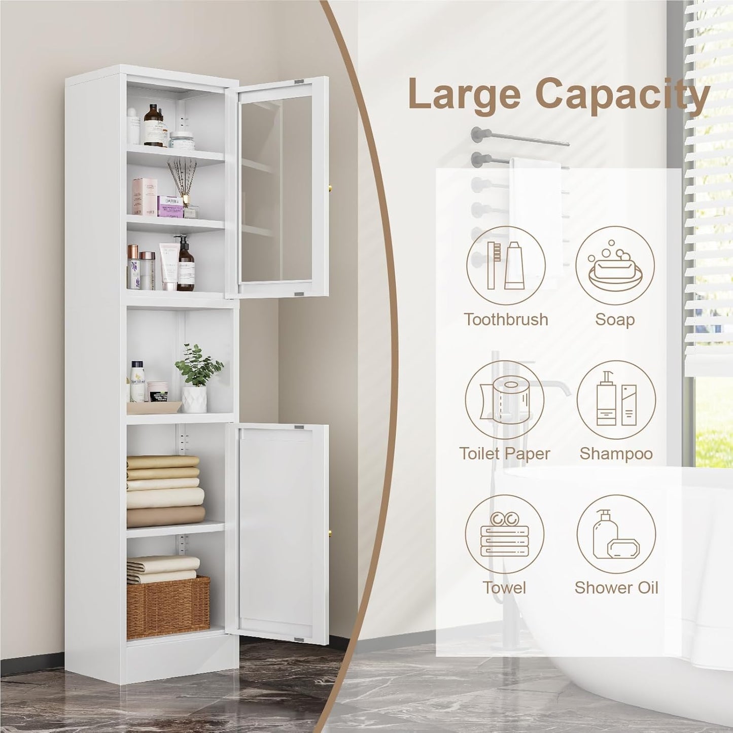 67" Tall Bathroom Storage Cabinet, Narrow Metal Floor Cabinet with Glass Door and Adjustable Shelves, Freestanding Metal Locker for Laundry, Kitchen, Dining Room