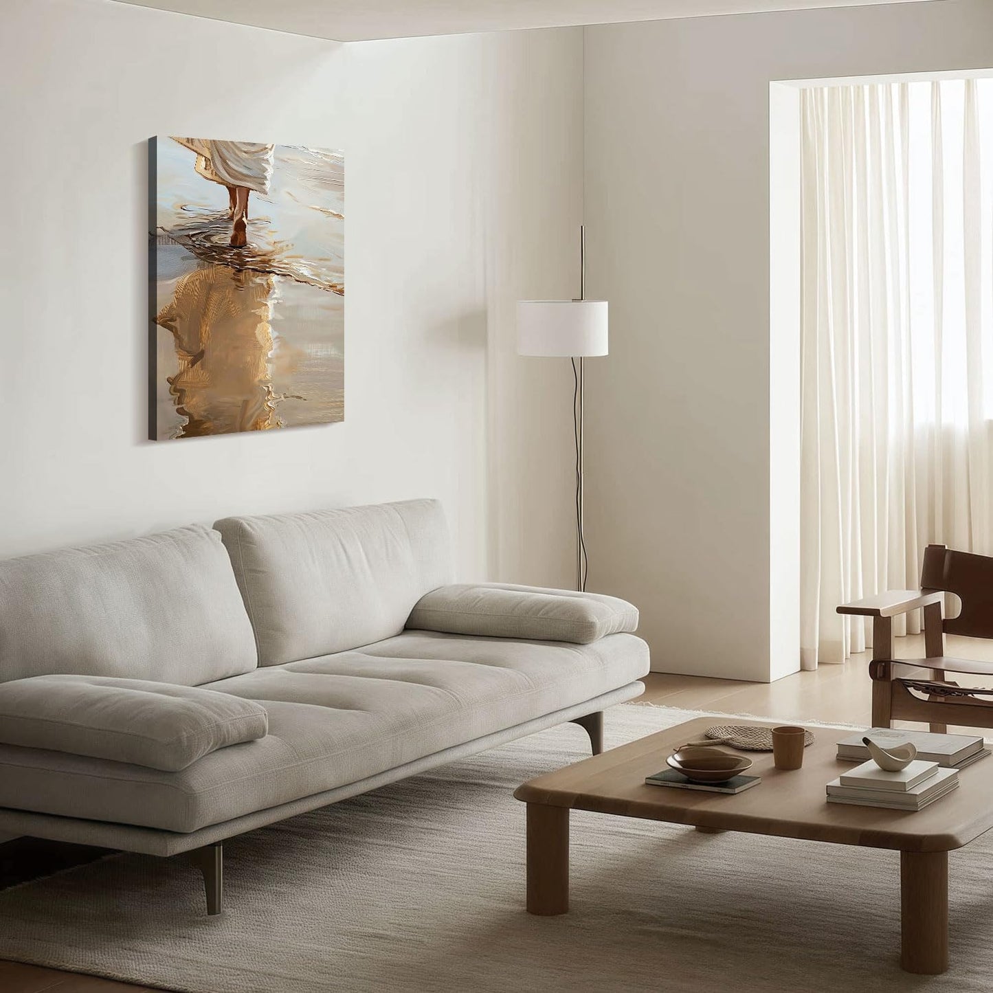 Framed Jesus Walking on the Beach Christian Religious Coastal FaithWall Art Decor Canvas Print Poster Gallery Picture Artwork for Living Room Bedroom 16x24 Inch Ready to Hang