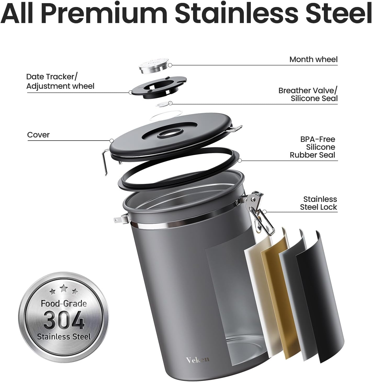 Veken Coffee Canister, 39OZ Large, Airtight Stainless Steel Food Storage Container for 2.2lbs Coffee Beans, Ground, Sugar, Tea, Flour, Rice, Cereal, Cookies Jars, Bar Accessories & Gifts, Gray