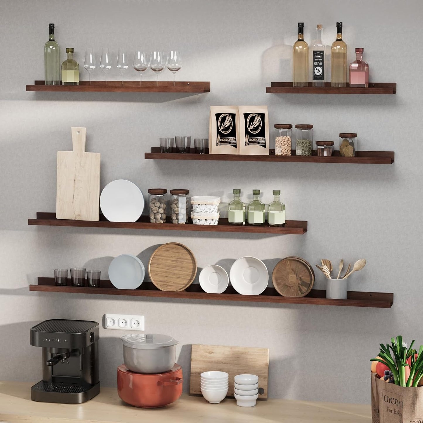 SAUMONIERES Picture Ledge Shelf Floating Book Shelves Set of 2 Wall Mounted Solid Wood for Bedroom Bathroom Living Room Kitchen, 24 Inch Walnut