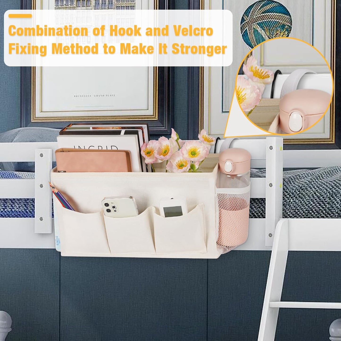 Bedside Caddy Bedside Organizer Bedside Storage Caddy with Fixed Straps and Water Bottle Holder for Home College Dorm Bunk Bed Hospital Bed Crib Bed Rails (White)