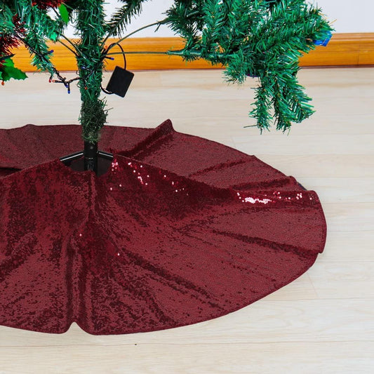 Partisout 24-inch Burgundy Sequin Christmas Tree Skirt - Sparkle & Shine Rustic Xmas Tree Skirt for Party, Wedding, and Holiday Decor