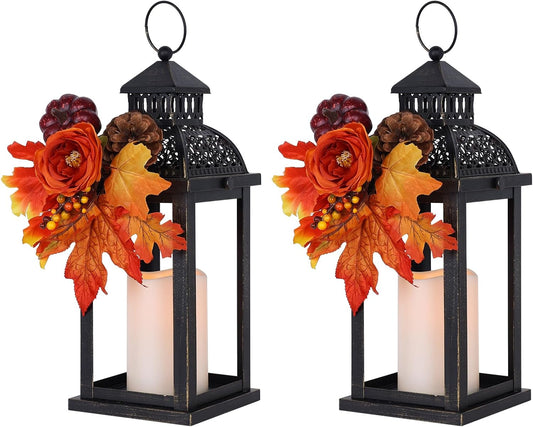 NEEDOMO Fall Decorations for Home, 2 Pcs 15'' Fall Lantern Indoor Outdoor Thanksgiving Decor, Vintage Metal Hanging Candle Holders with Fall Teardrop Wreath and LED Candle for Patio, Porch, Table