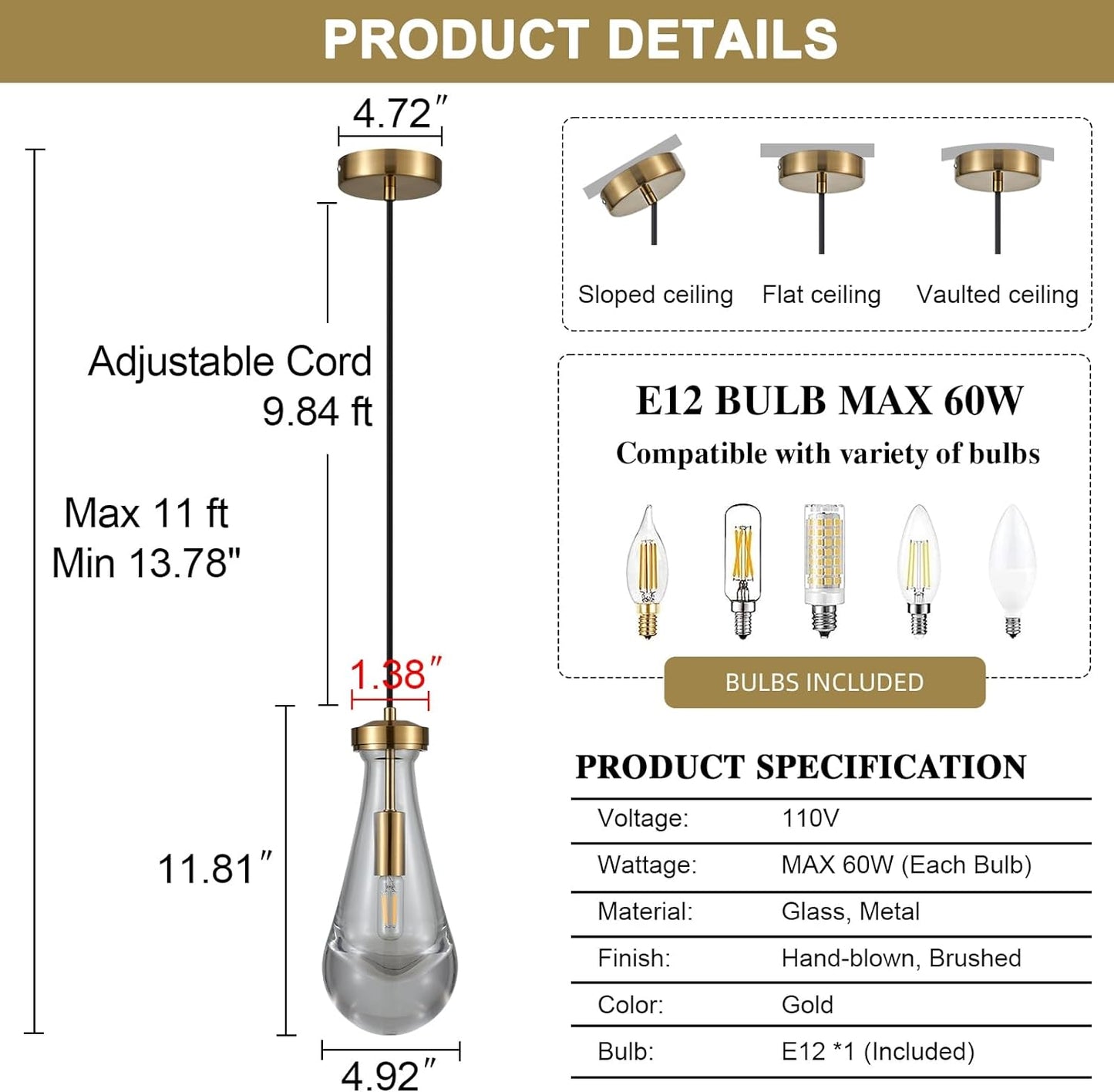 Raindrop Pendant Light, Brass Glass Pendant Lighting, Teardrops Modern Hanging Light for Entryway Foyer Stairway Kitchen Island Bedroom Dining Living Room Hallway