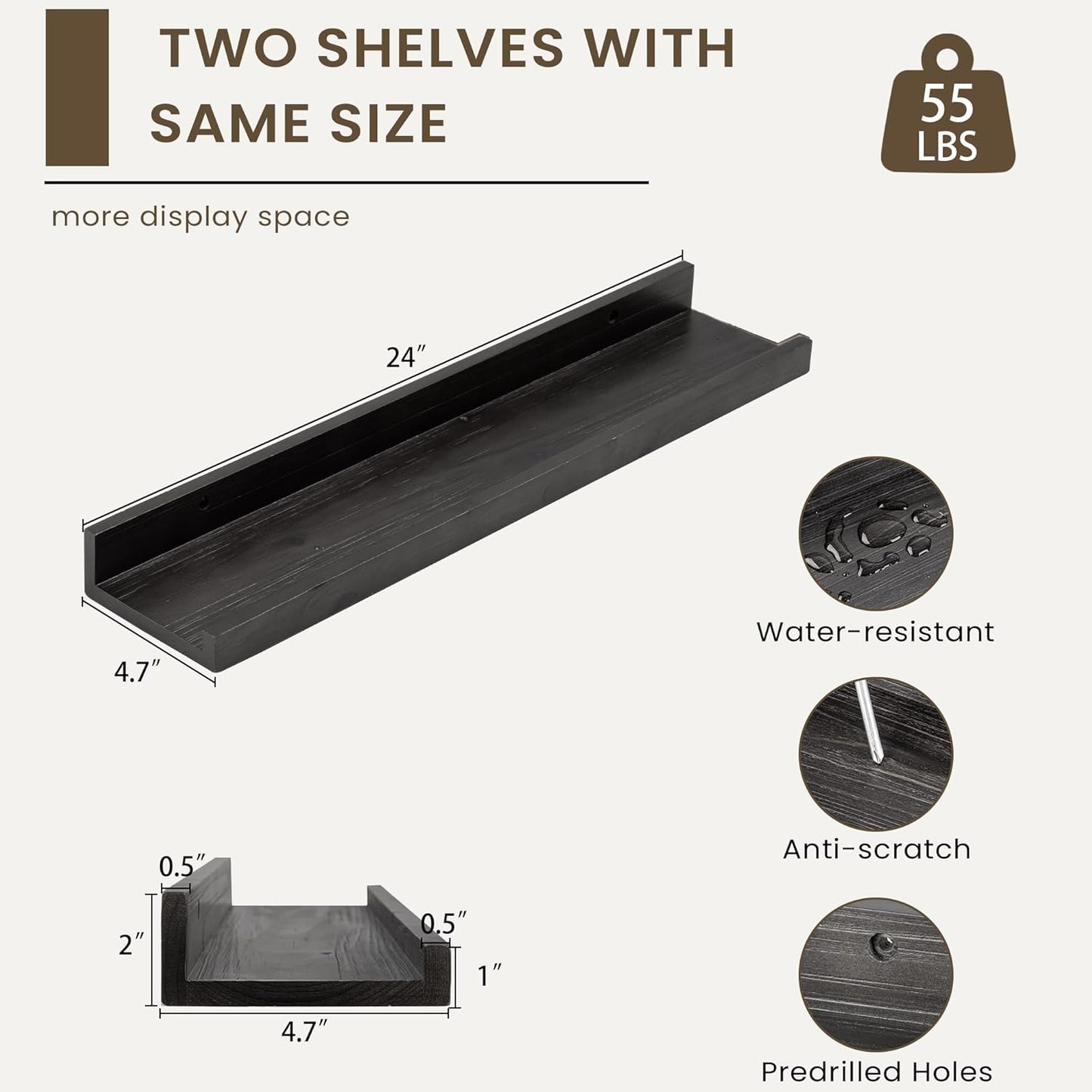 Floating Shelves for Wall, Picture Ledge Shelf 24 Inch Solid Wood Set of 2, Rustic Wall Shelves with Lip, Kids Bookshelf, Photo & Picture Live Edge Floating Shelves for Bedroom, Living Room, Kitchen