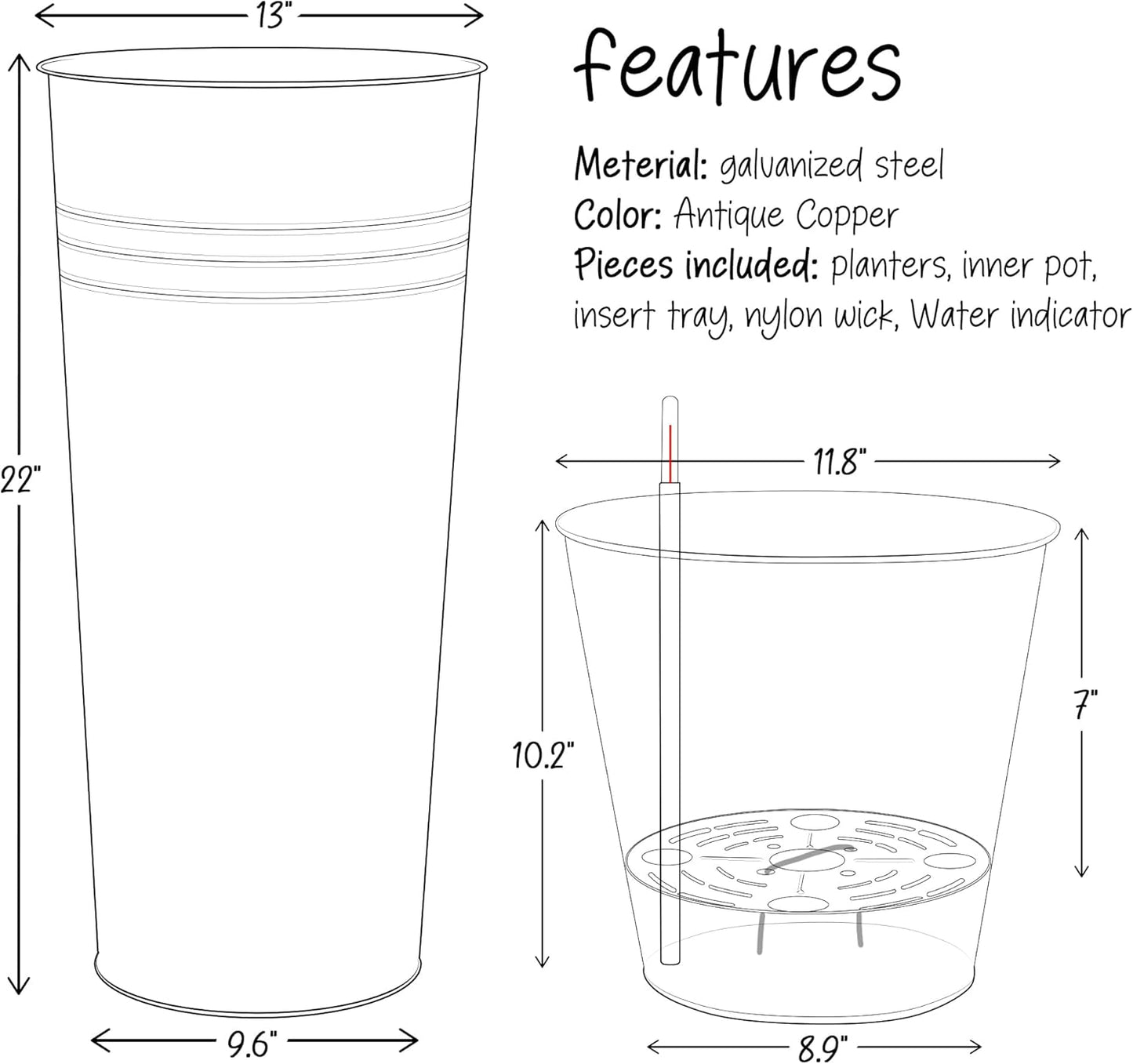 KOL 22''H 2-Pack Planter with Water Level Indicator - Galvanized Steel Pot - Self Watering Planters Flower Pot for Plant - Inner Pot Design - Round Metal Planter Box - Indoor Outdoor Planting - Bronze