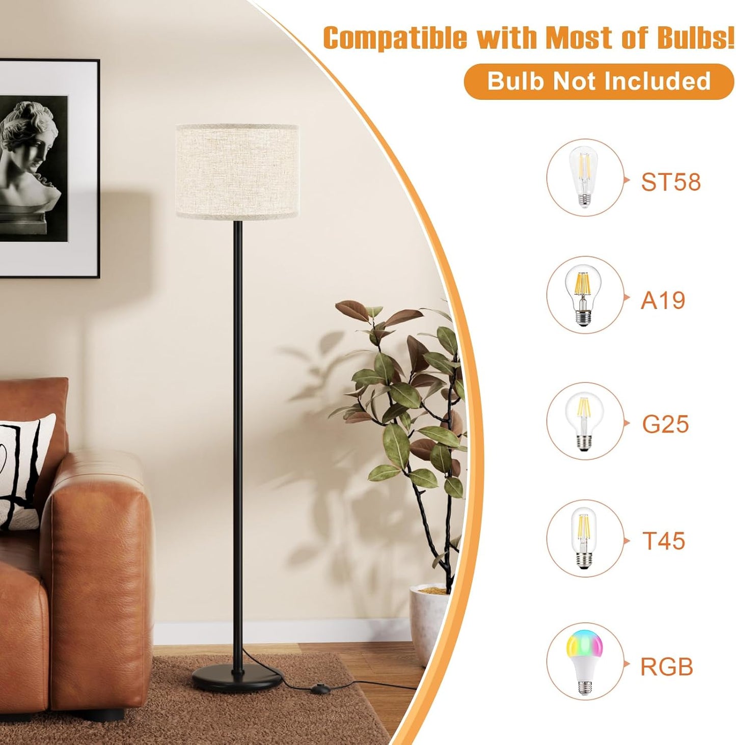 Ambimall 60'' Modern Floor Lamp with Shade, Tall Lamps for Living Room, Bedroom, Office, Dining Room, Beige Shade with Black Pole(Without Bulb)