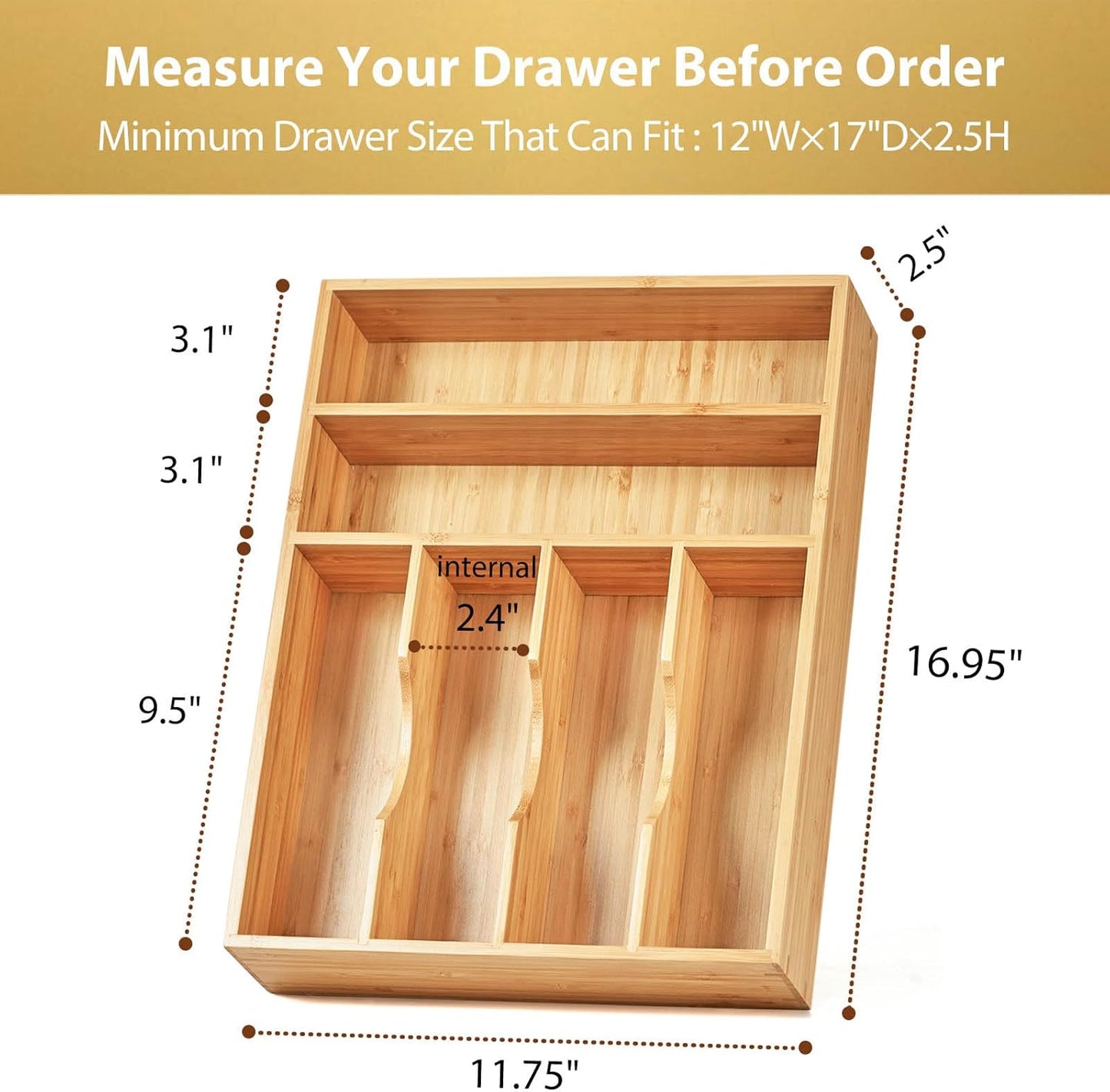 Umilife Kitchen Drawer Organizer, 12 Inch Silverware Utensil Tray Holder, Extra Deep, with Non-Slip Feet & Grooved Drawer Divider, 6 Slots Total Bamboo Wood Caddy for Flatware Cutlery Knives
