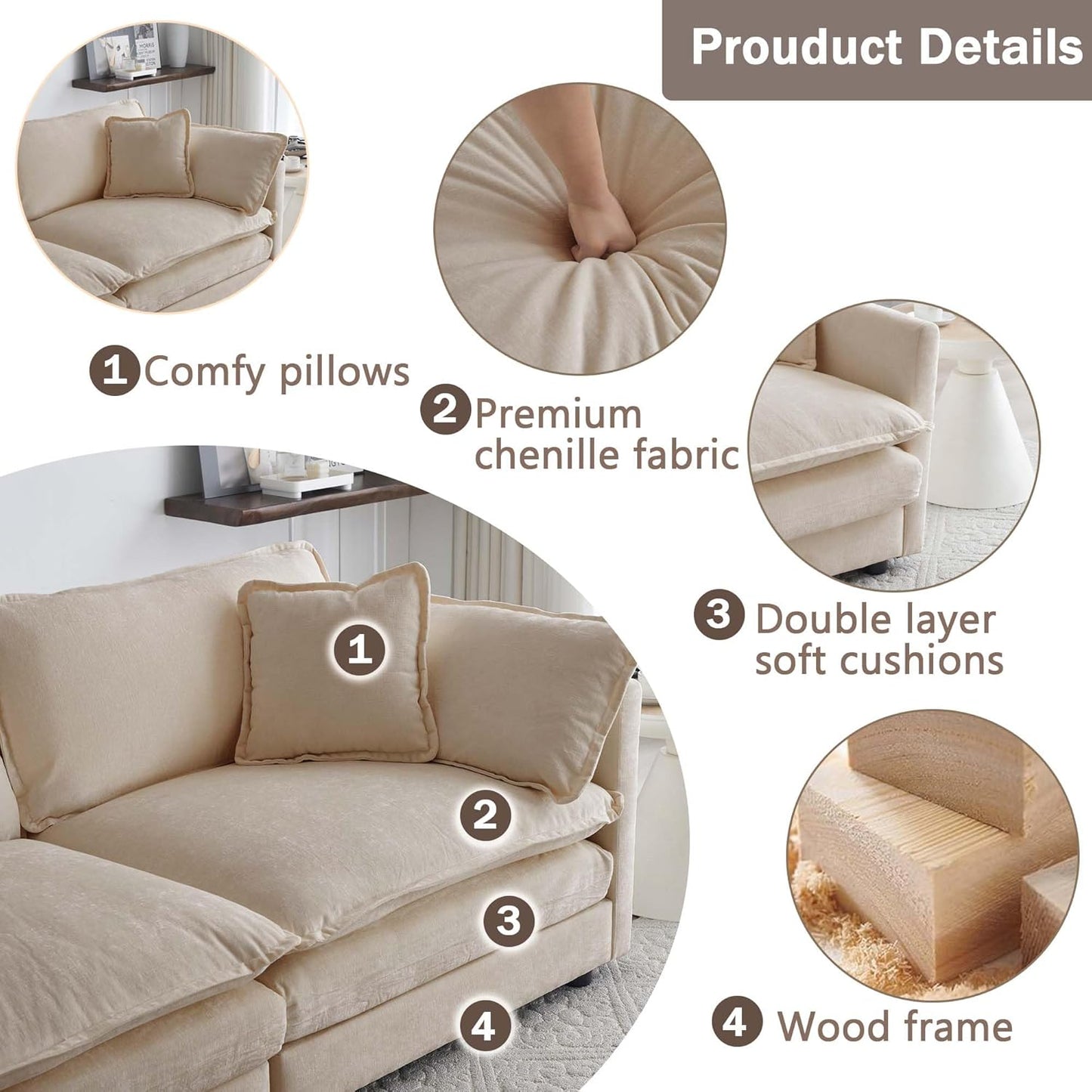 Sectional Sofa 4 Seater with Movable 1 Ottoman,Oversized Modular Couch Deep Seat (Light Coffee, 146.5 inch-L)