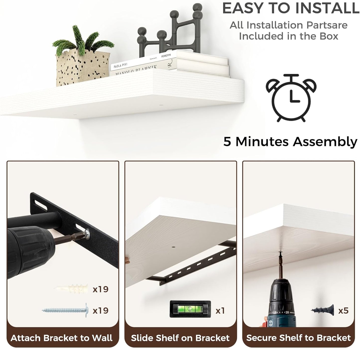 Floating Shelves for Wall, 2 Large Wall Mounted Shelves with Invisible Brackets, Long Wood Floating Wall Shelf Shelves for Living Room, Bedroom, Kitchen, (White, 36" W x 9" D x 1.5" H)