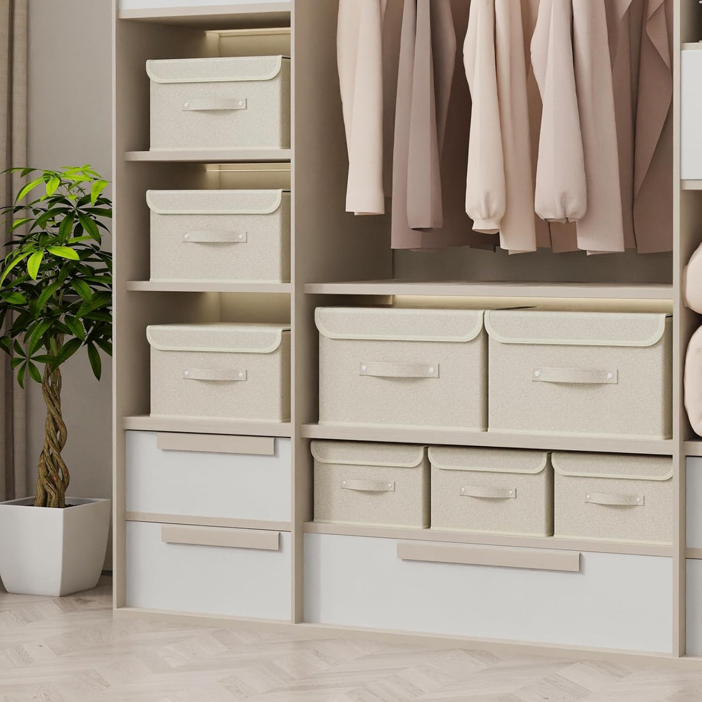 Storage Boxes, Collapsible Storage Bins with Lids, Cotton and linen cloth Storage Baskets with Handle, for Books, Closet, Bedroom, Home, 13x9.1x7.9 in, Grey and Beige