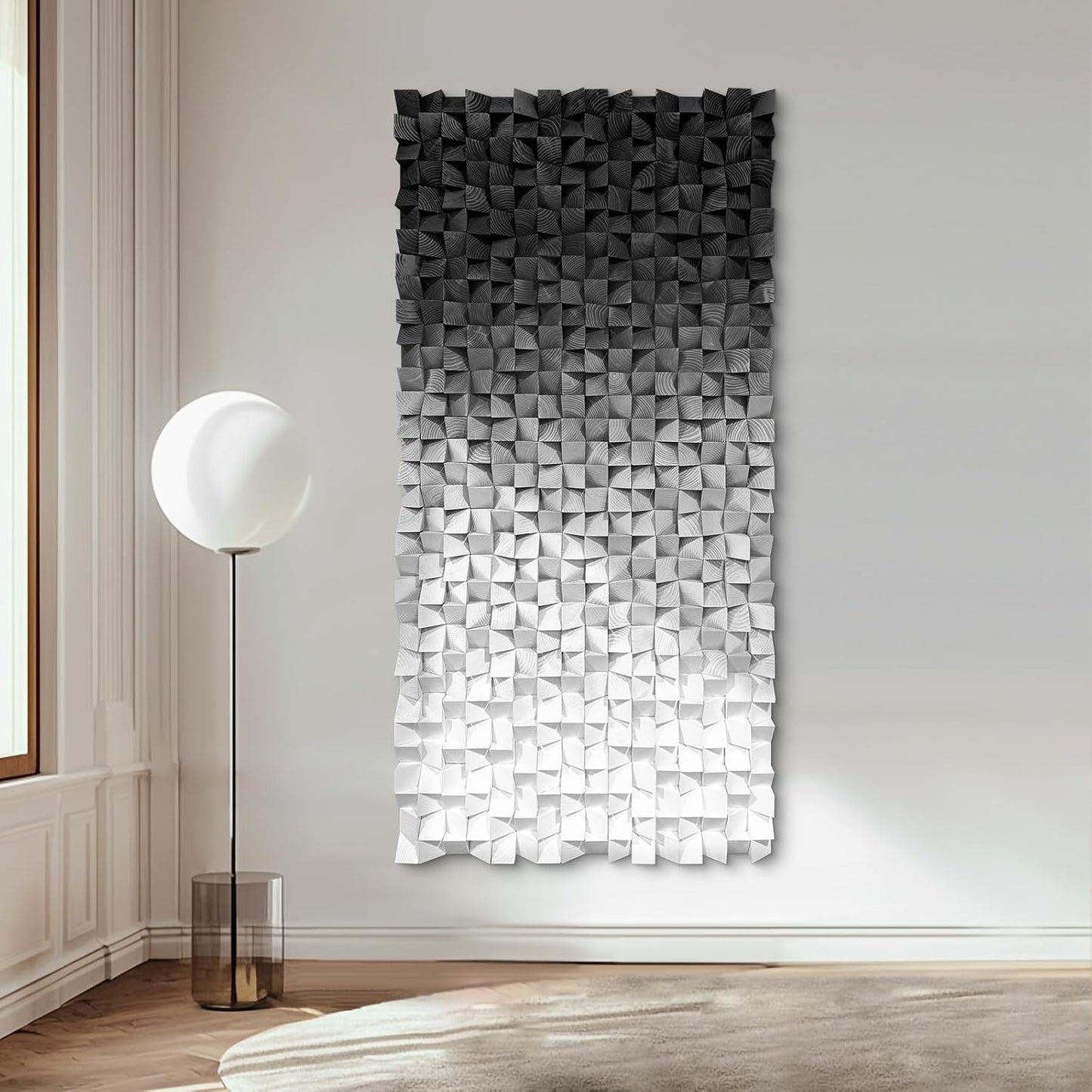 LIUZEYUE - Wooden Block Stereoscopic Painting Geometric Modeling Wall Decoration 3D Wooden Artwork Living Room Bedroom Background Wall Office Decoration Black and White Gradient 39.4 x 78.7 inches