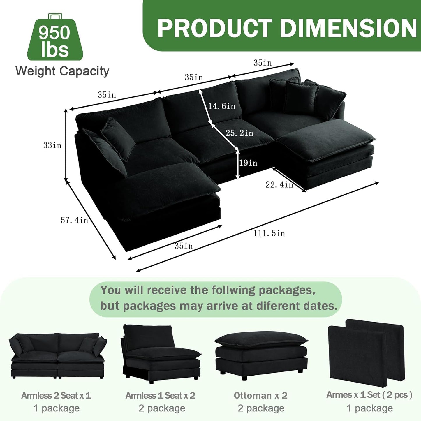 Sectional Sofa 3 Seater with Movable 2 Ottomans,Oversized Modular Couch Deep Seat (Black, 111.5 inch-U)