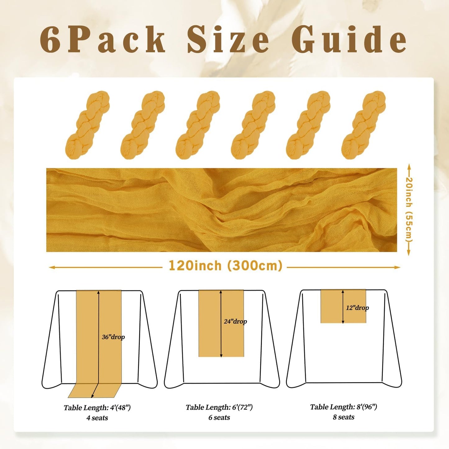 6 Pack Mustard 10FT Cheesecloth Table Runner Rustic Gauze Fabric Cheese Cloth Table Runner for Wedding Bridal Baby Shower Table Decor Boho Sheer Birthday Party Table Decorations 20 x 120 Inch Long