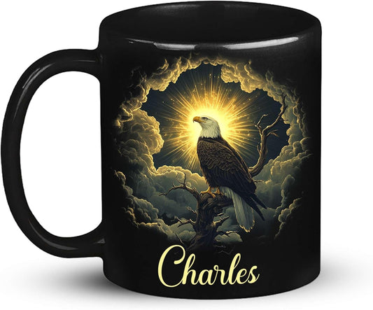Custom Name Coffee Mug 11oz or 15oz, Unique Wildlife Art Black Cup, Personalized Eagle Ceramic Mug for Animal Lovers, Inspirational Coffee Cup with Nature Scene, Gifts for Friends