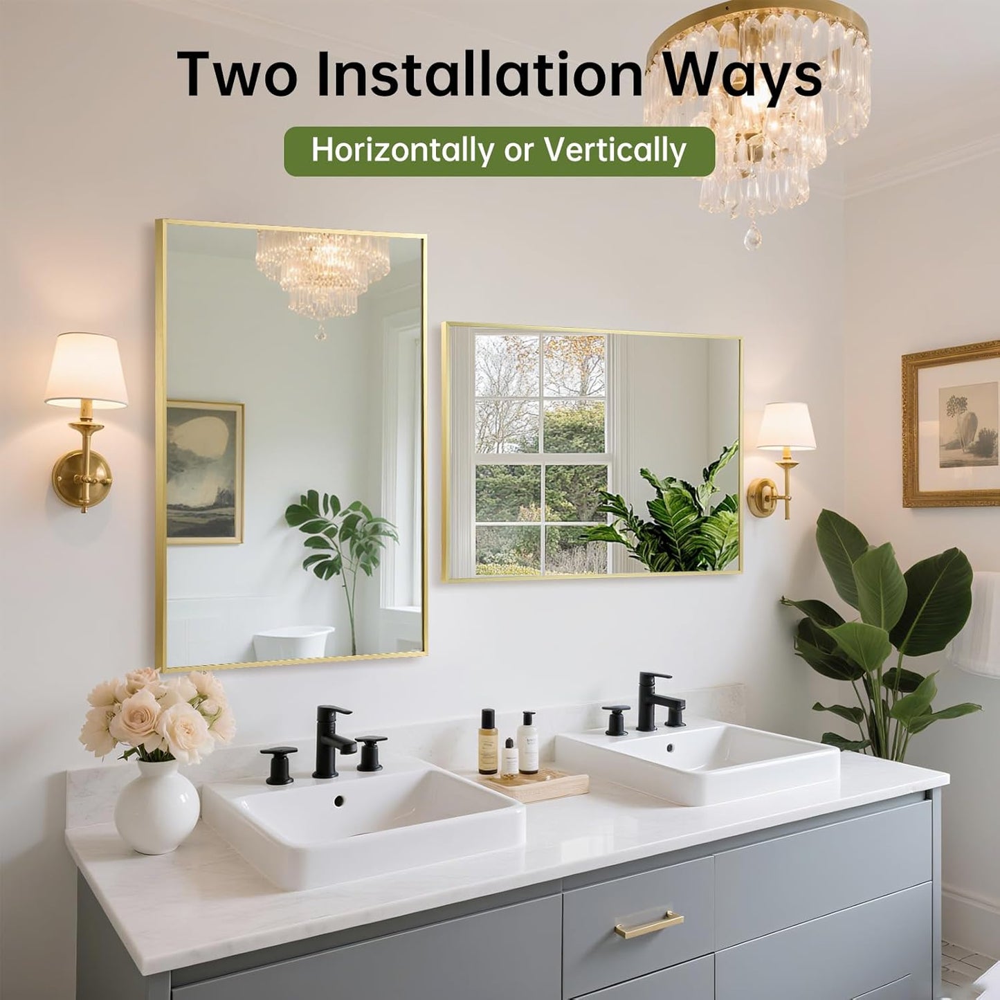 FARMER 16x20 Inch Gold Bathroom Mirror, Rectangle Wall Mounted Mirror, Vanity Mirror, Brushed Square Mirror, Framed Bathroom Mirror for Bedrooms, Entryways, Living Rooms, Horizontal/Vertical