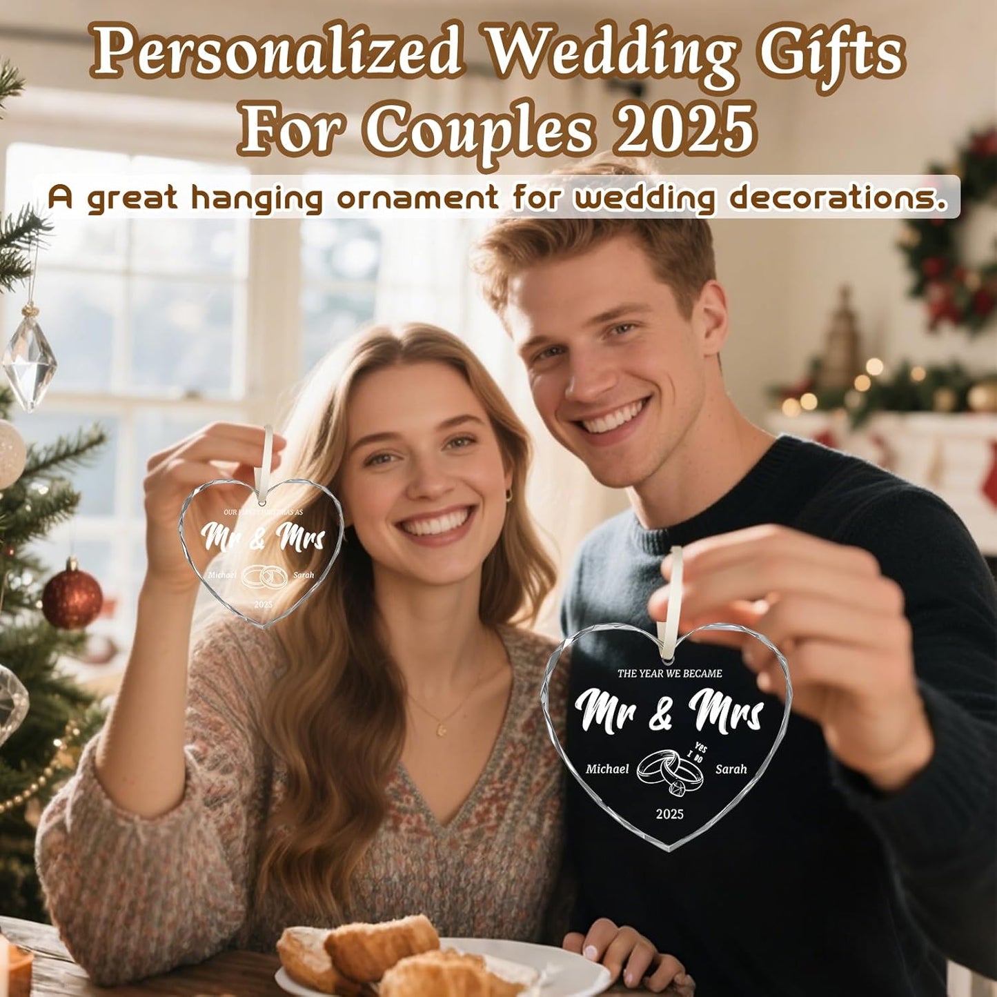 First Christmas Married Ornament 2025, Custom Wedding Crystal Glass Ornament with Photo, Name or Date, Personalized Wedding or Bridal Shower Gifts for Newlyweds