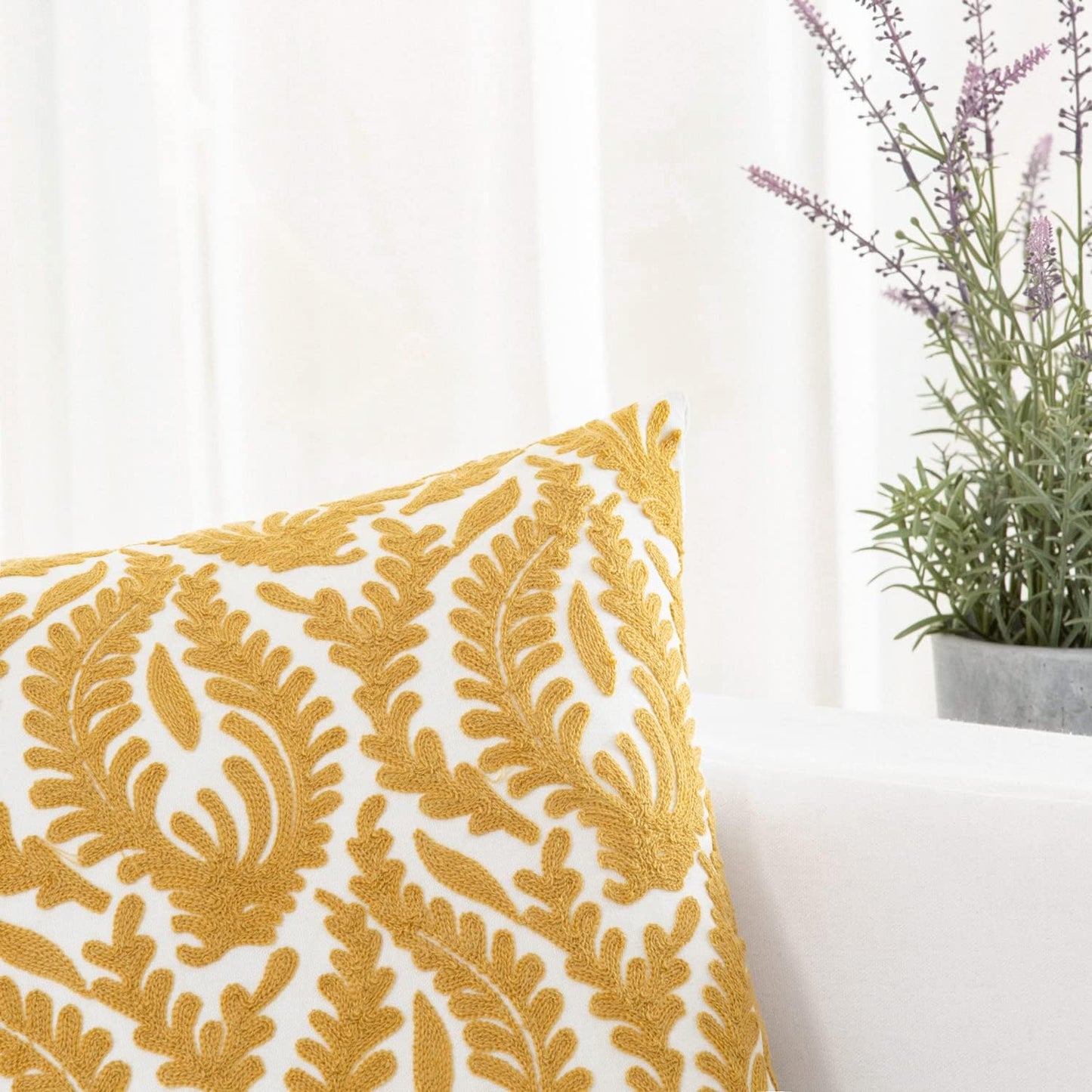 HWY 50 Mustard Yellow Decorative Throw Pillow Covers 18x18 Inch (1 Piece), Embroidered Cotton Farmhouse Cushion Cover Pillow Case for Sofa Couch Living Room Bed Bedroon, Floral Branches