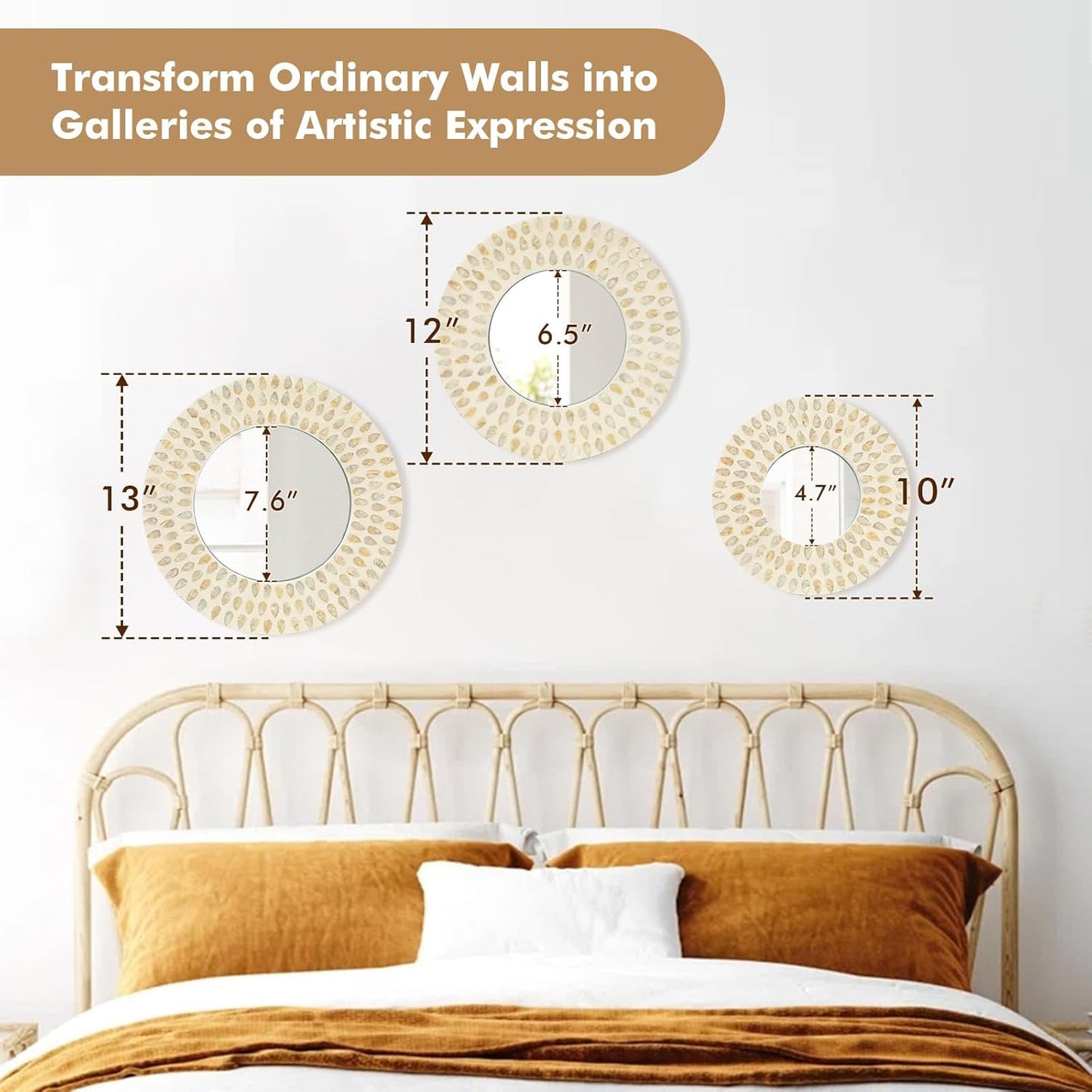 Boho Mirror Wall Decor for Living Room, 3PCS Natural Mother of Pearl Decorative Mirror for Farmhouse Rustic Home, Hanging Sculptures for Women Bedroom Hallway Porch Decoration (Light Brown)