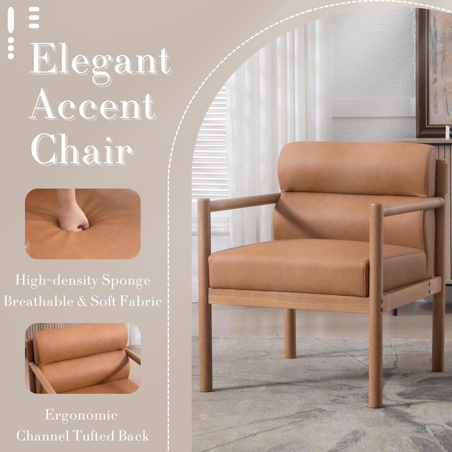 Modern Living Room Chair, Brown Upholstered Accent Chair with Channel Tufted Back, Walnut Wood Lounge Reading Arm Chair, Faux Leather Fabric Side Sitting Chair for Guest Room, Balcony, Bedroom