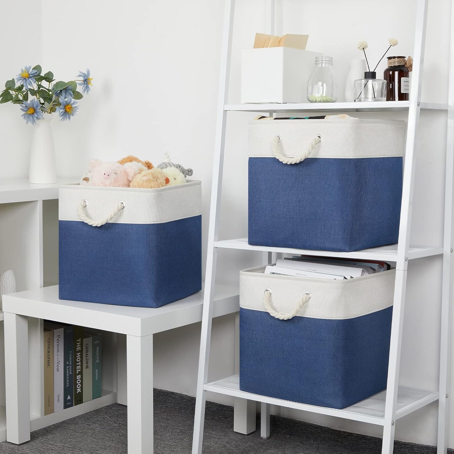 Bidtakay Storage Baskets Large Cube Storage Bins Fabric Baskets for Organizing Shelves 13x13 Navy Blue Square Storage Bins Large Set of 3 Linen Closet Organizers for Cabinet Home