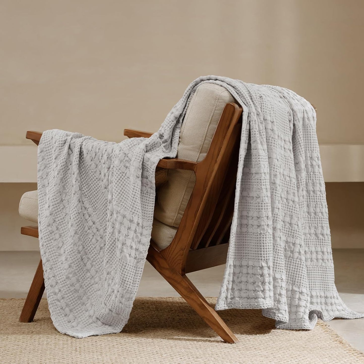 PHF 100% Cotton Waffle Weave Throw Blanket, Soft Lightweight Breathable Cozy Summer Throws for Couch Bed Sofa, Luxury Aesthetic Woven Blanket for Home Decor & Office, 50"x60", Light Grey