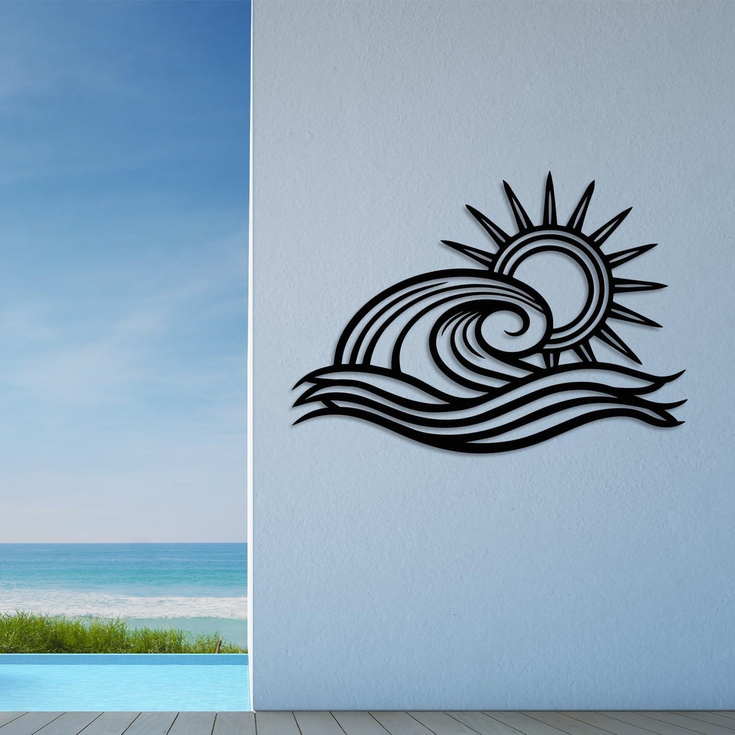 Wita Home Ocean Wave Metal Wall Art, Sun Beach Decor, Coastal Large Wall Sculpture for Home, Indoor/Outdoor Use, Nautical Wall Hanging, Eye-Catching Addition to Living Room (White, 32 x 19 inches)