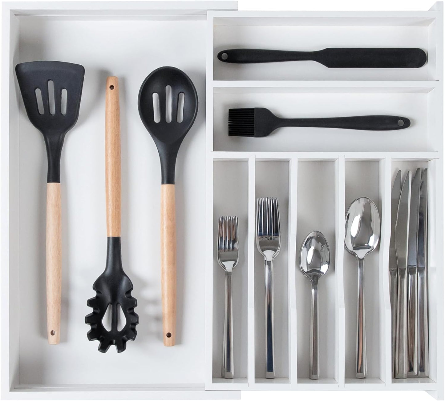 Premium Silverware, Flatware and Utensil Organizer for Kitchen Drawers, Food-Safe Contract Grade, Expandable from 10.5 to 19 In, White Bamboo