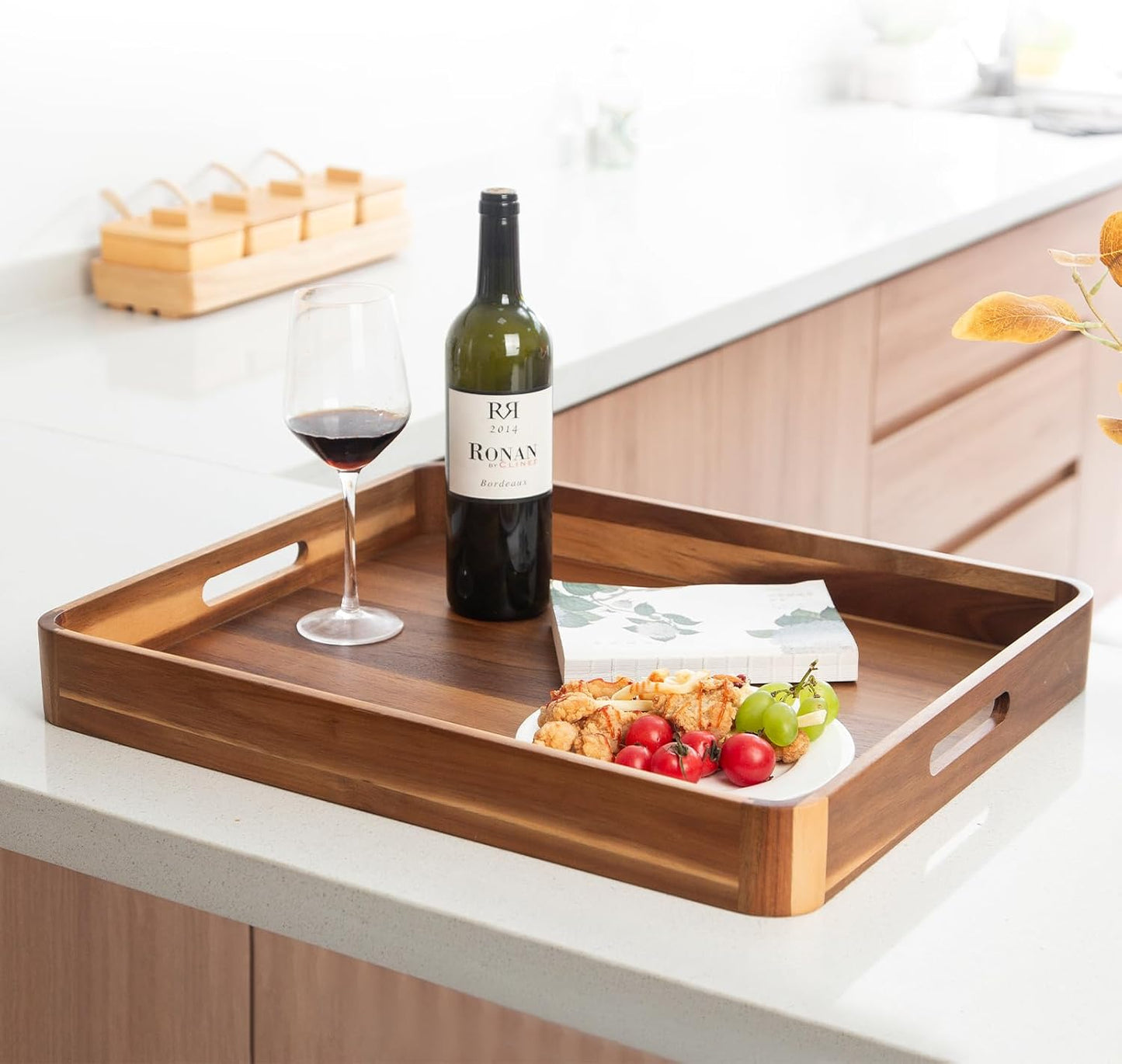 Wooden Serving Tray with Handles,Rustic Ottoman Tray for Kitchen Counter/Coffee Table/Living Room Decor,Versatile Tray for Party Picnic Barbecue