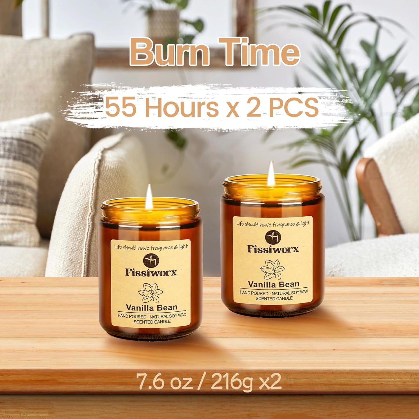 Vanilla Scented Candle Set 2 Pack, Candle for Home Scented, Odor Eliminating, Stress Relief, total15oz, 110 Hours Long Lasting Candles, Soy Candle Gift Set for Women