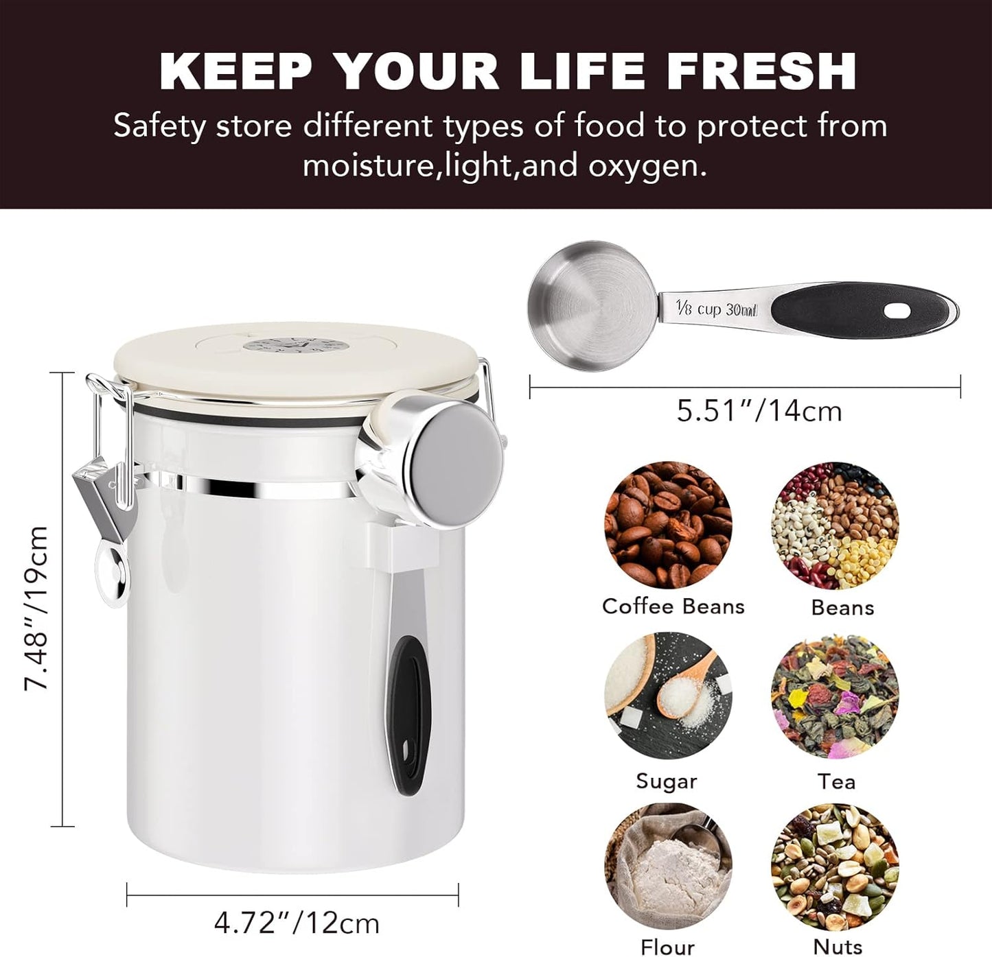 ShanSon Coffee Canister Airtight Coffee Container Stainless Steel Coffee Bean Storage Container with CO2 Release Valve and Scoop Coffee Canister for Beans,Grounds,Sugar,Flour,Tea,Cereal,22OZ,Off-White