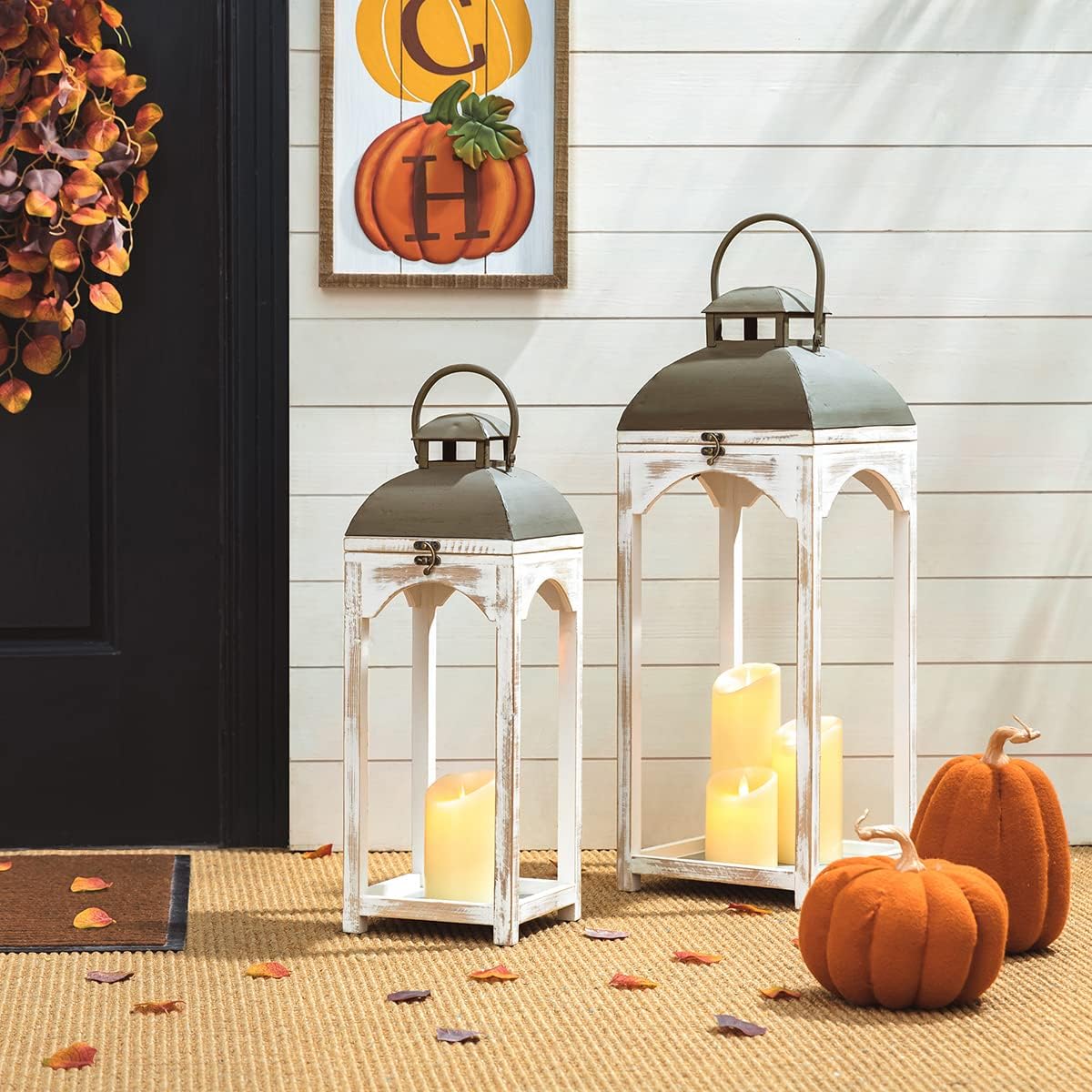 Glitzhome Set of 2 Mondern Farmhouse Wood Metal Lanterns Decorative Candle Lanterns, White (No Glass)