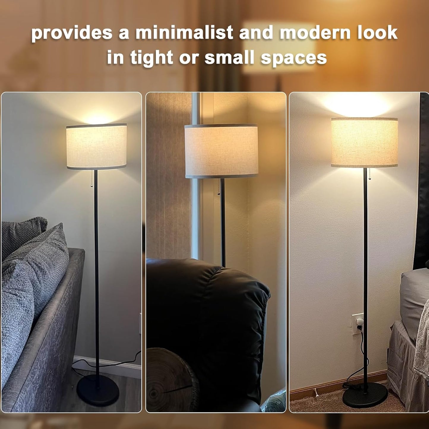 Ambimall Modern Standing Floor Lamp for Living Room & Bedroom with 3 Color Temperatures Bulb & Pull Chain Switch, 60" Tall with Beige Shade & Black Pole