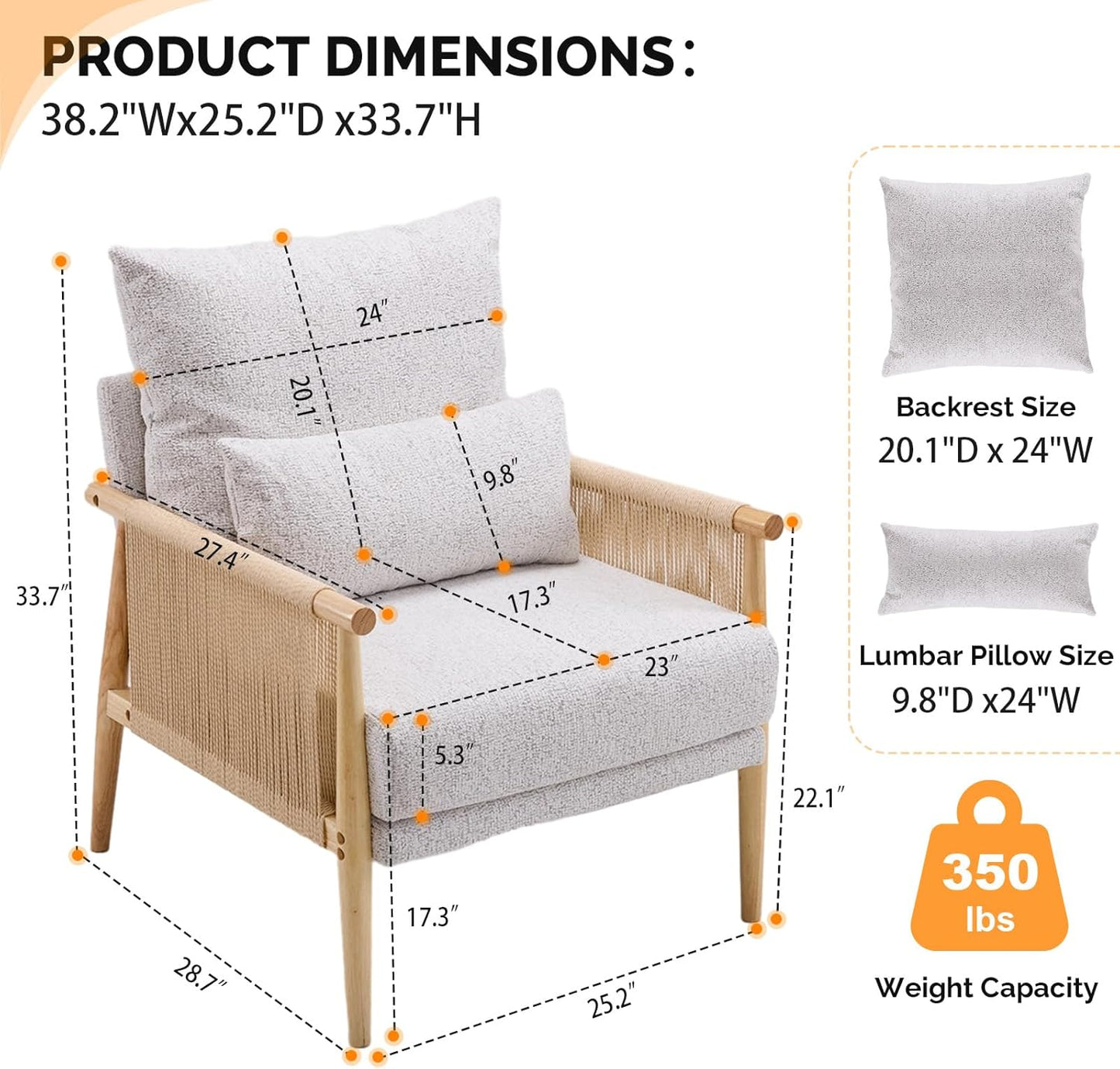 VINGLI Boho Braid Accent Armchair,Mid-Century Modern Chiar with Solid Wooden Armrest,Comfy Louge Cushion Chair with Waist Pillow for Bedroom,Living Room,Reading Room, Light Gray