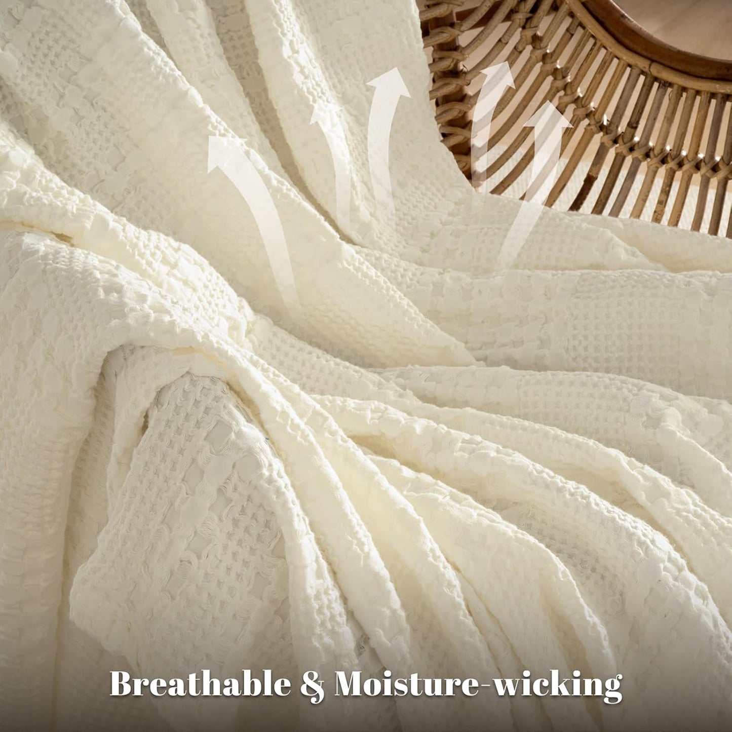 PHF 100% Cotton Waffle Weave Blanket King Size, Soft Lightweight Breathable Cozy Summer Blankets for Bed, Luxury Aesthetic Woven Bedding for Home Decor, 108"x90", Cannoli Cream