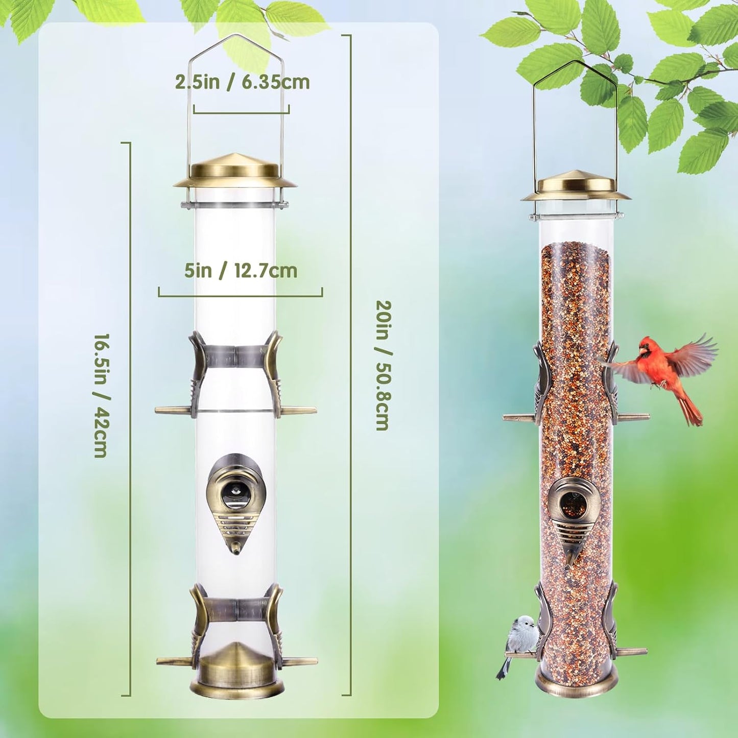 MIXXIDEA 2PK Metal Wild Bird Feeder Squirrel Proof Bird Feeders for Outside Hanging 6 Port Tube Bird Feeder Transparent Finch Feeder with Steel Hanger (Bronze)