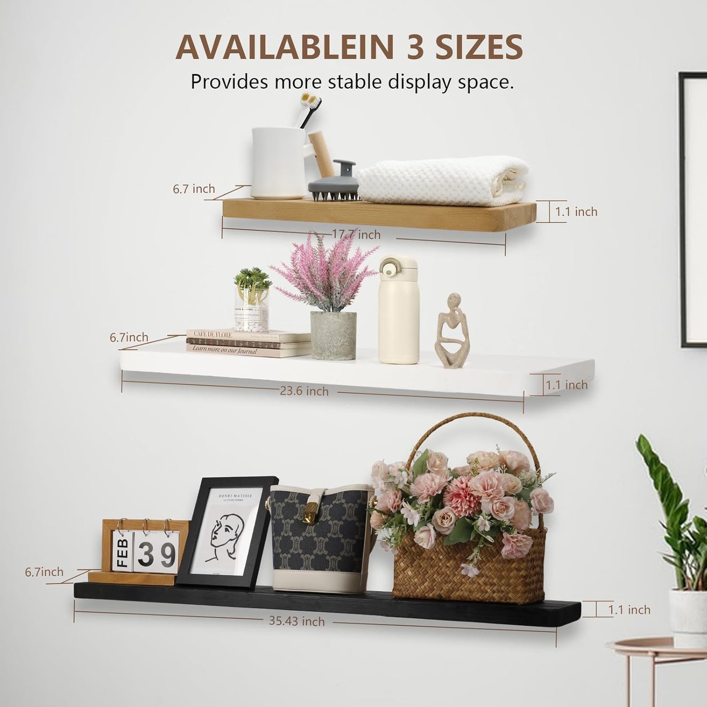 Solid Wood Floating Shelves Set of 2 - Natural, Warp & Crack Resistant 35.43 Inch Wall Shelf with Invisible Brackets Thicker, More Durable for Bathroom, Bedroom, Kitchen, Living Room (Wood, 35.43)