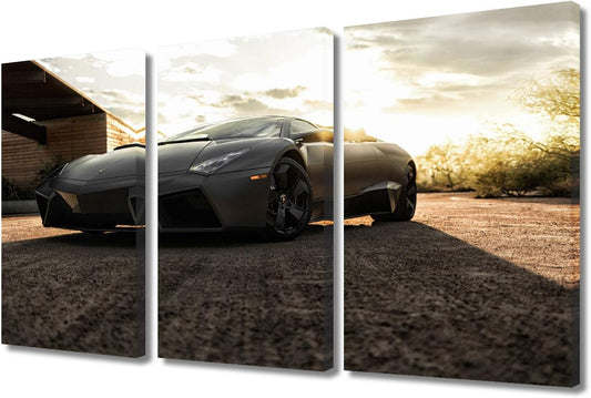 TUMOVO 3 Pieces Black Sport Car in Sunnet Posters Canvas Framed Wall Art Racing Cars Pictures Printed on Canvas Painting Artwork for Living Room Bedroom Interior Decoration - 12 x 24 inch x 3 Panels