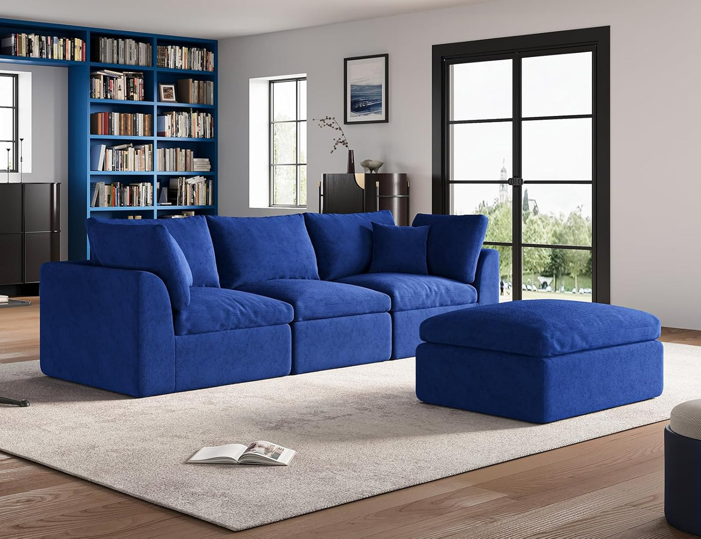 110" Cloud Sectional Couches for Living Room, Boneless L-Shape Couch with Ottoman, 3 Seater Modular Sectional Sofa, Blue