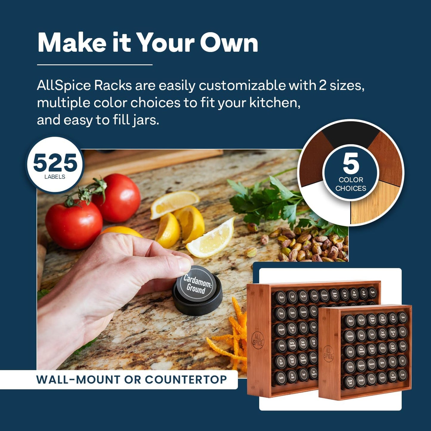 AllSpice Spice Rack Organizer, Wood, 525 Unique Labels, Countertop or Wall Mount, Includes 60 4oz Jars- Cherry Stain