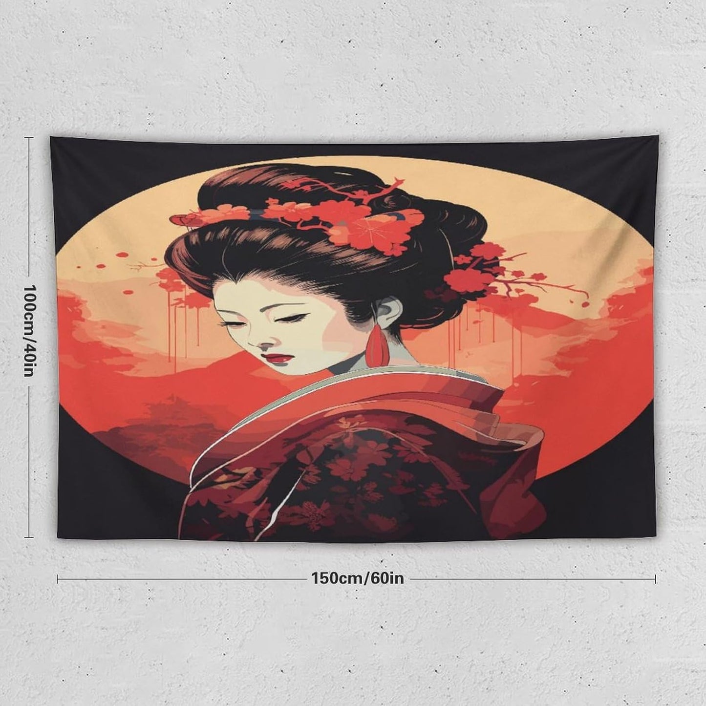 Japanese Woman Geisha Tapestry Asian Cherry Blossom Red Sun Traditional Kimono Folk Tapestries Home Decor for Living Room Bedroom Apartment Farmhouse Dorm 60"x40"