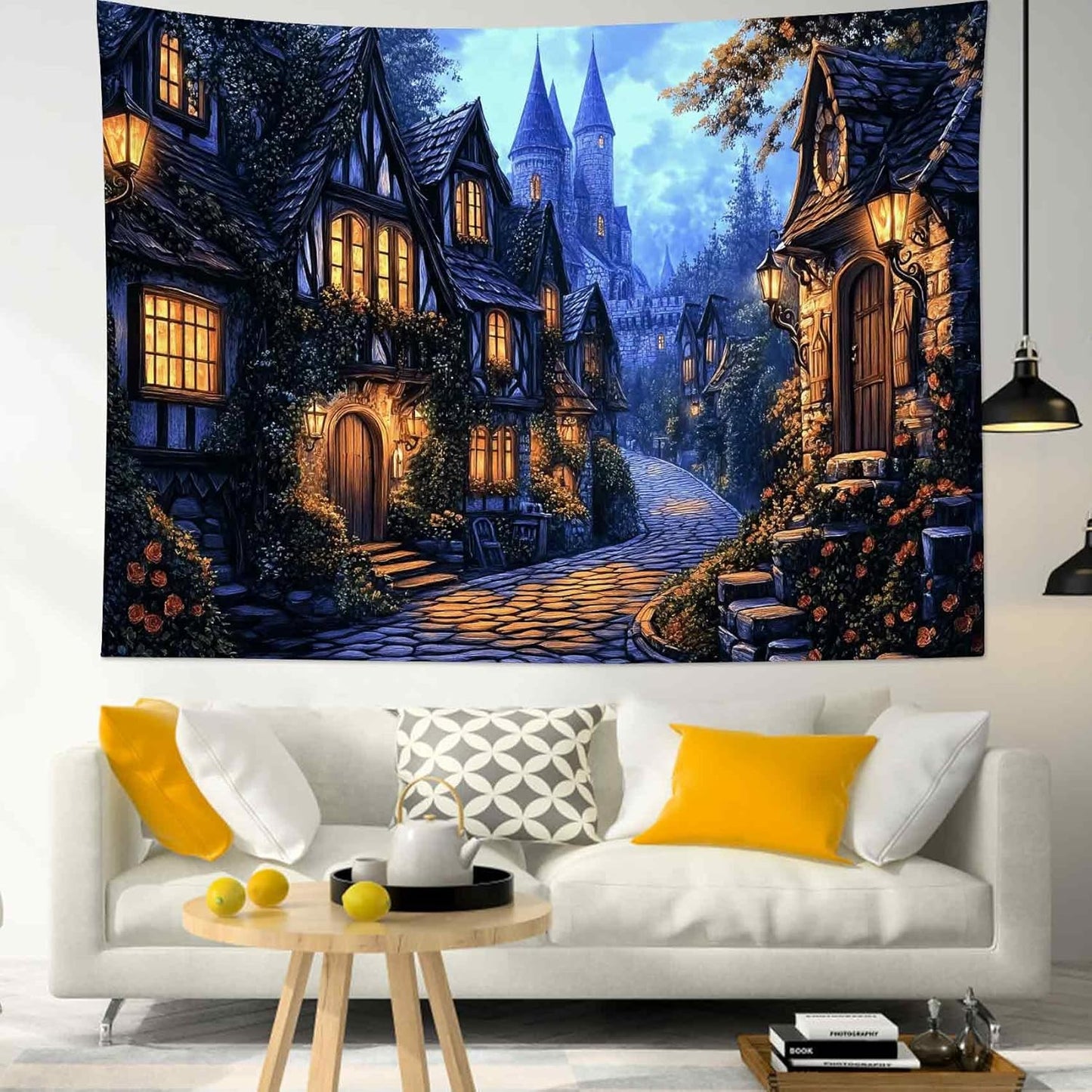 LB Vintage Castle Tapestry, Night Street Old House and Green Tree Wall Tapestry for Bedroom Aesthetic, Village Gothic Wall Art for Living Room Dorm Home Decor Ready to Hanging, 80 x 60 Inches
