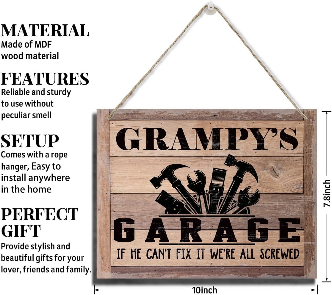 Rustic Sign, Father's Day Gift, Dad's Gift, Grandpa's Gift, Decor Hanging Wood Signs, Printed Wood Wall Art Sign, Grampy's Garage, If He Can't Fix It We're All Screwed, Vintage Sign Gift for Grandpa