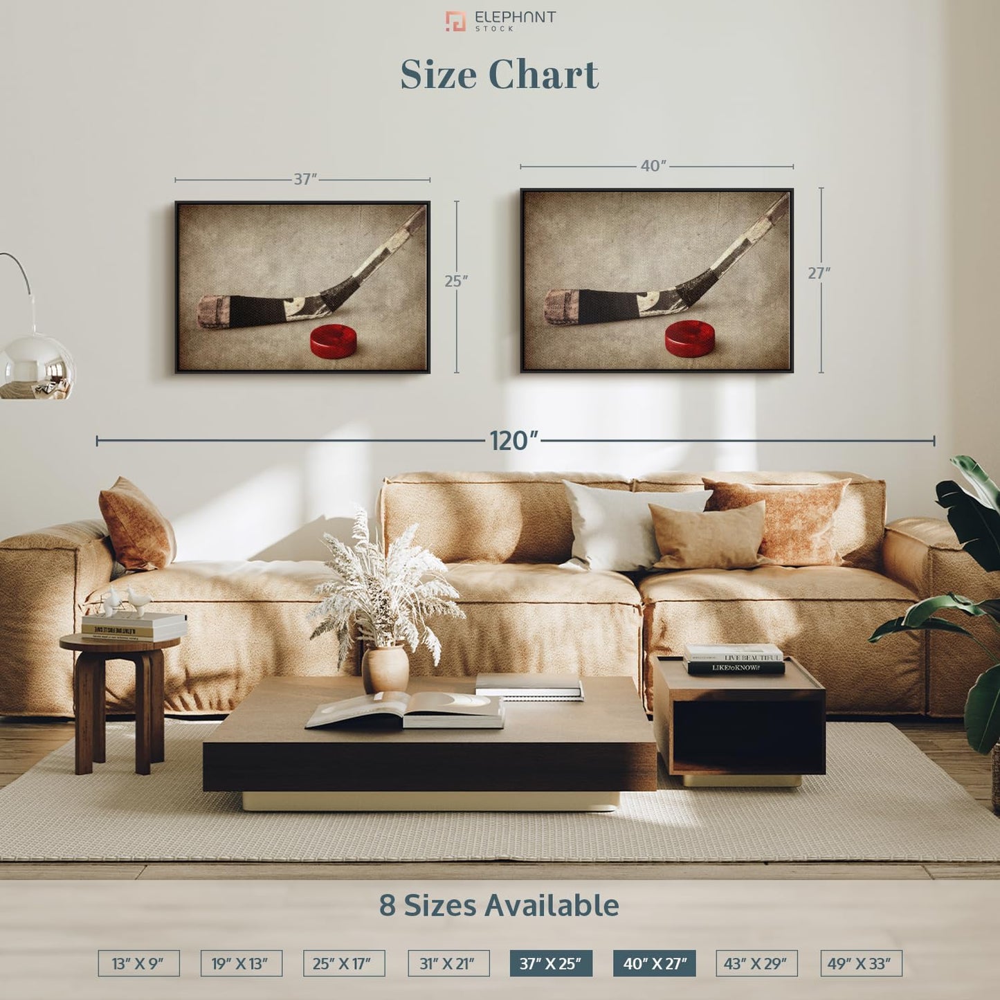 Elephant Stock Vintage Ice Hockey Wall Art - Horizontal Framed Canvas - 1-Piece Hallway Wall Decor - Photography Sports Canvas Print - Brown and Beige Decor for Wall - 40" X 27"