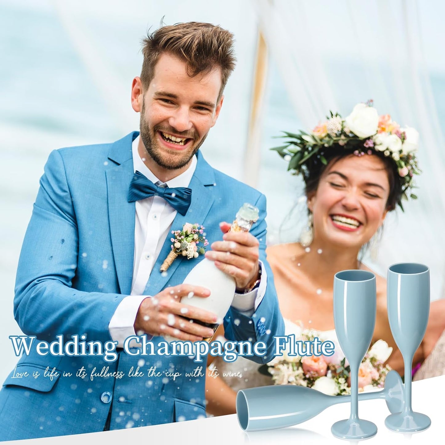 XUWAIDSGN Acrylic Champagne Flutes Toasting Glasses Unbreakable Mimosa Bar Reusable Wine Glasses Vintage Champagne Flutes Stemmed Drinking Cups 5.4 OZ for Christmas Birthday (24, Blue)